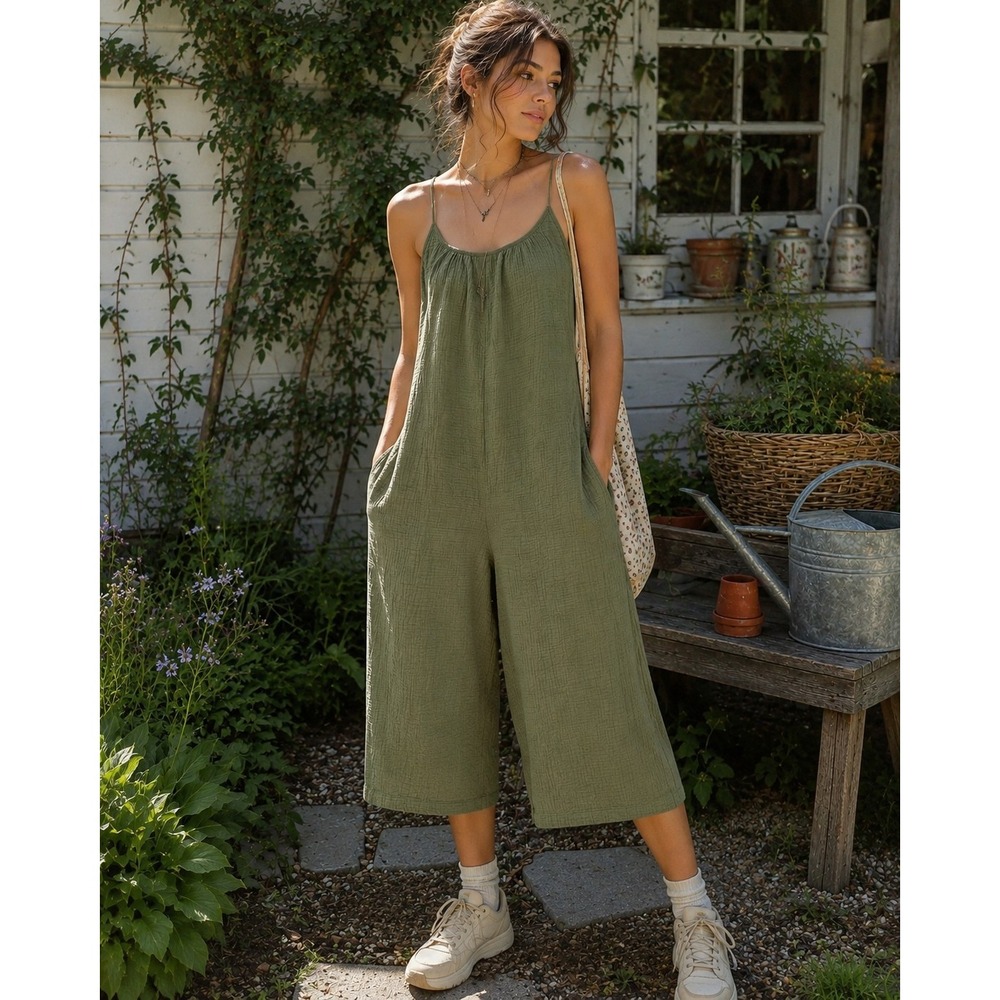 Z Supply Gauzy Wide Leg Cropped Loose Jumpsuit Green M Cottage Garden Utility